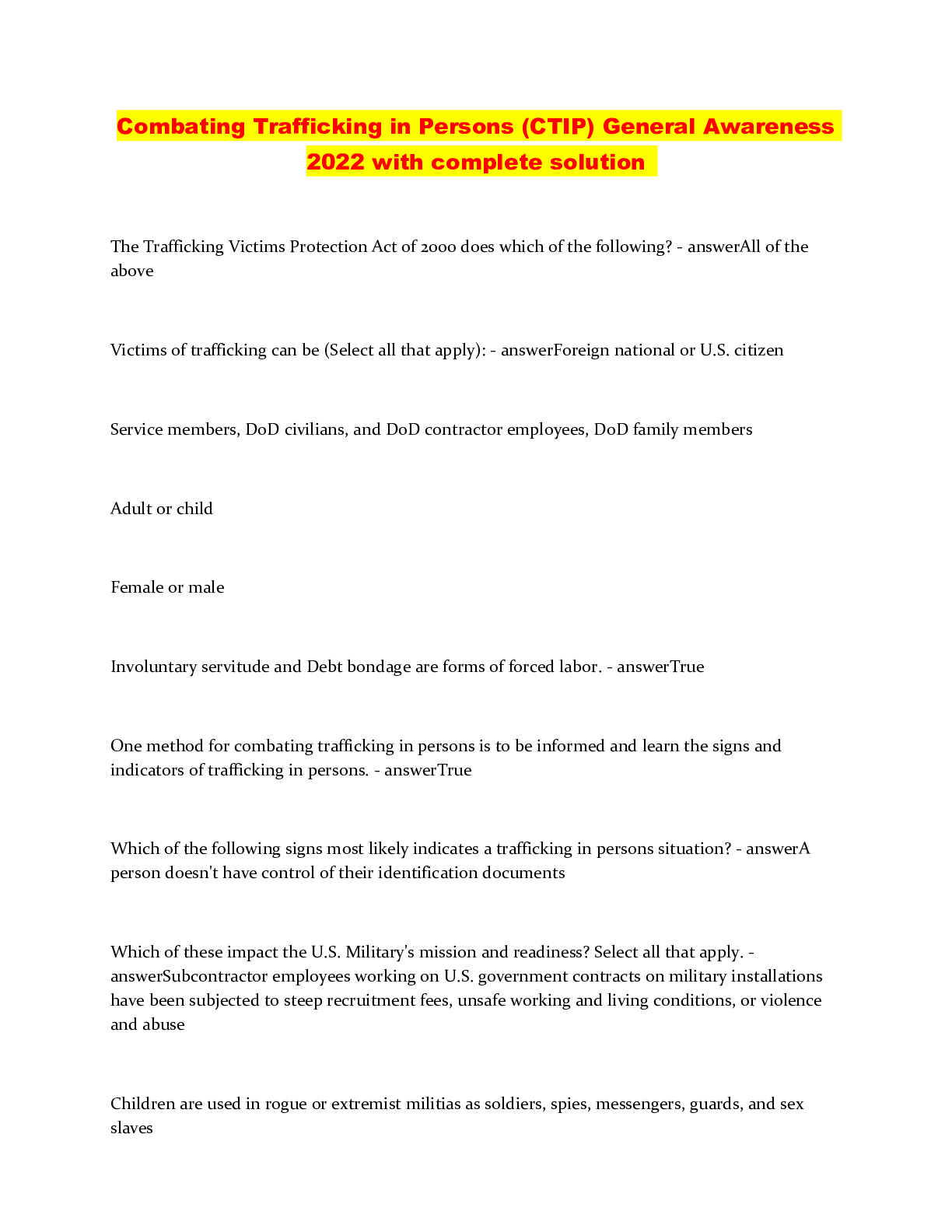 Preview image of Combating Trafficking in Persons (CTIP) General Awareness 2022 with complete solution document